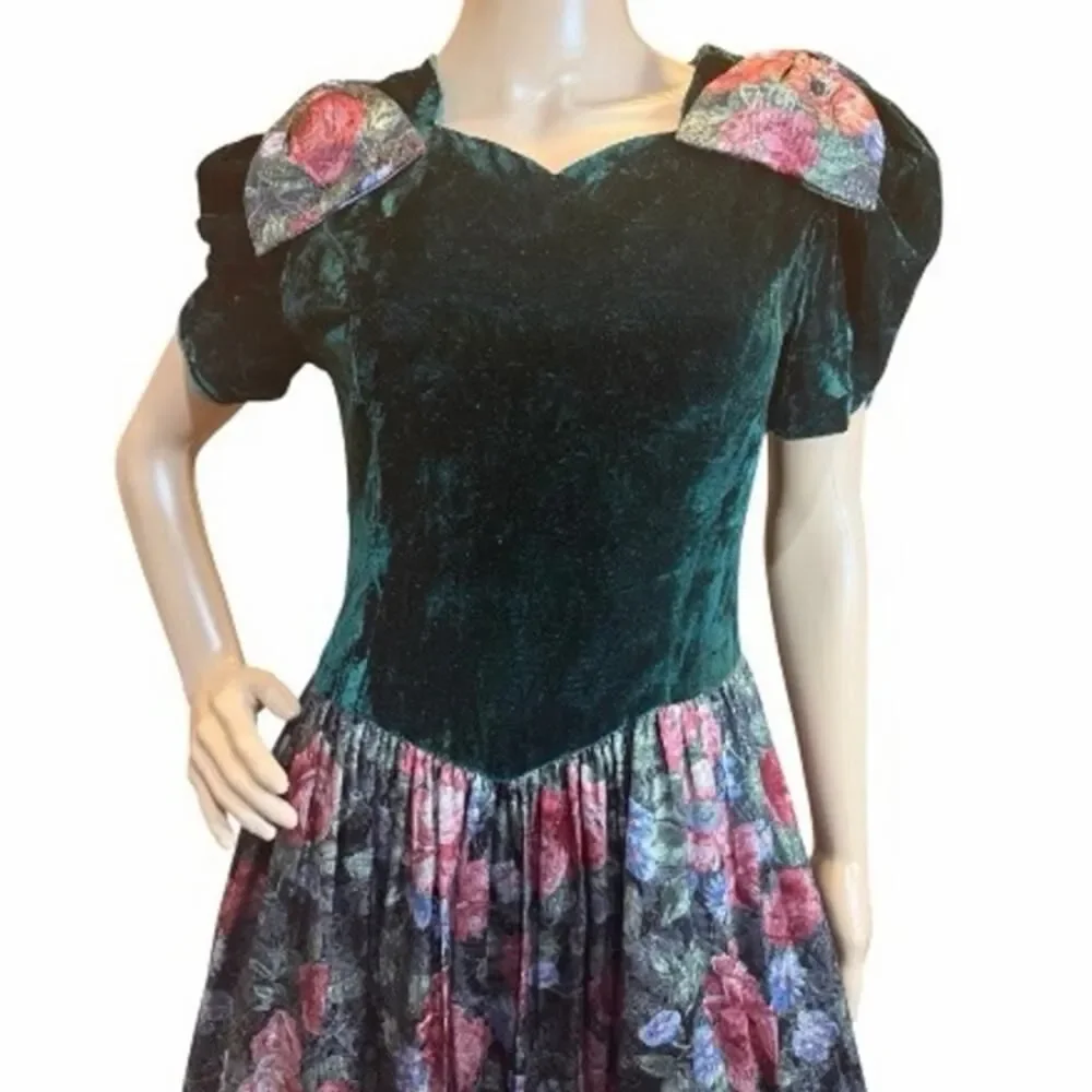 VTG Jessica McClintock Velvet Metallic Floral Victorian Whimsigoth Dress Small
